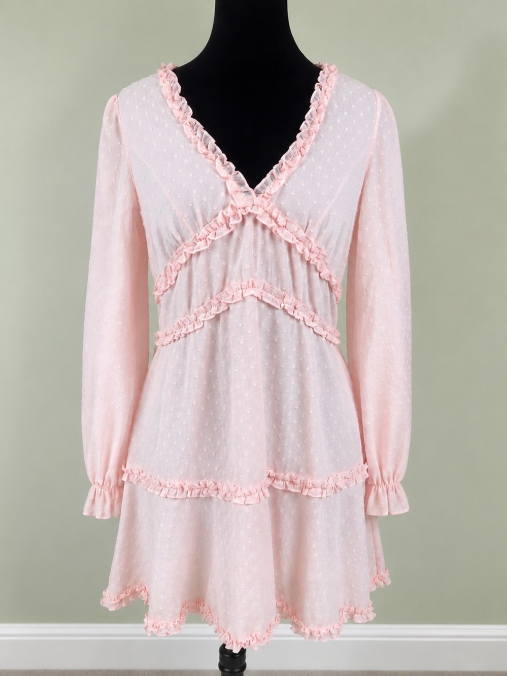 L Love Babydoll Dress Small Pink Swiss Dot Sheer Sleeve Ruffle Boho Cottagecore